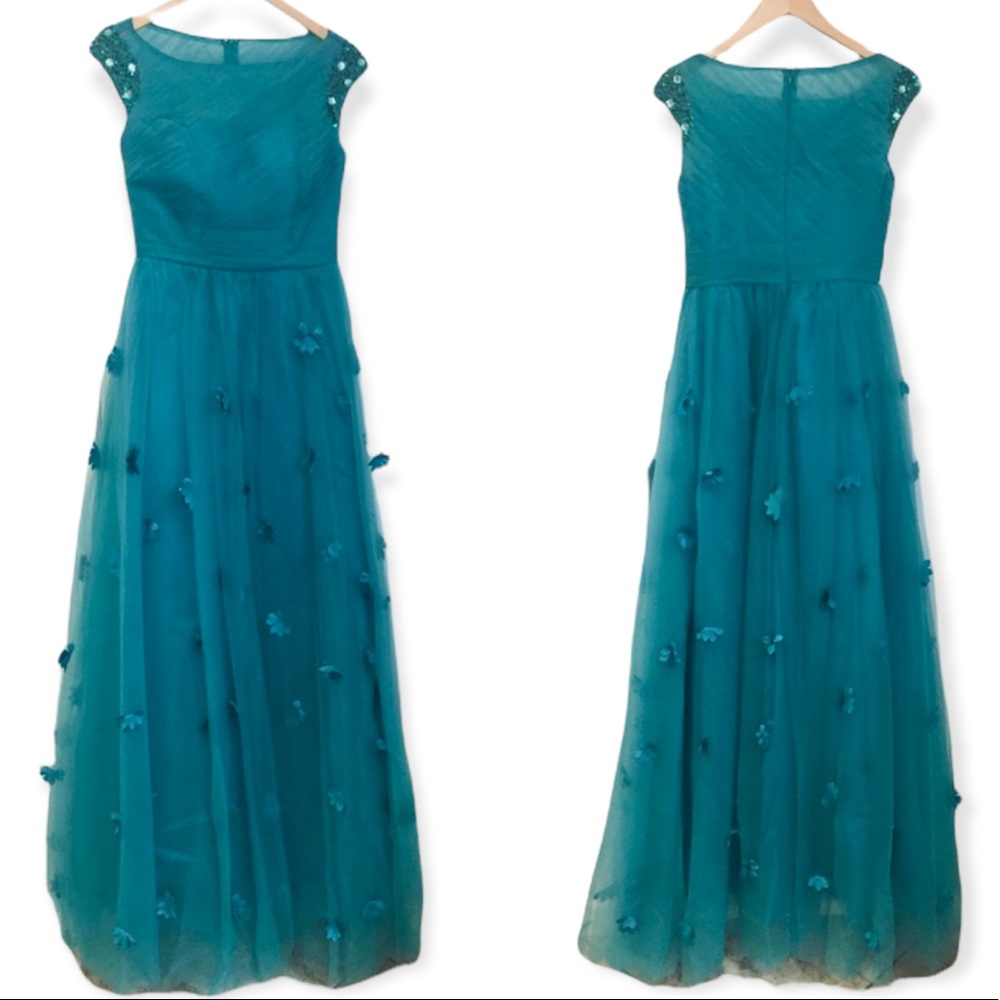 NEW BRIDESS Green Jewel Tulle Floral A-Line Dress Gown US 8 Formal Prom